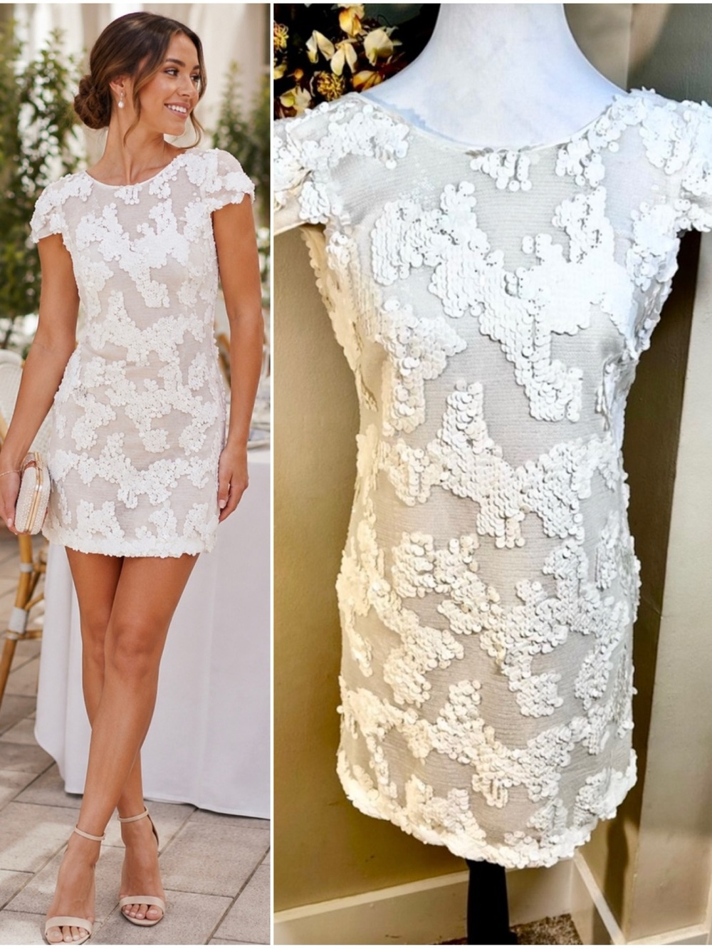Dress the Population Brooke White Sequin Illusion Mesh Cap Sleeve Dress Sz XS💛